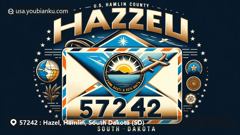 Modern illustration of Hazel, Hamlin County, South Dakota, showcasing postal theme with ZIP code 57242, featuring South Dakota state flag and Hamlin County outline.