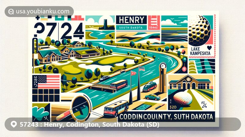 Modern illustration of Henry, Codington County, South Dakota, featuring Lake Kampeska, golf course, and postal elements with ZIP code 57243.