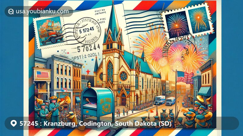 Modern illustration of Kranzburg, Codington County, South Dakota, capturing the postal theme for ZIP code 57245 with Holy Rosary Church, Gothic Revival architecture, German heritage, Fourth of July parade elements, including fireworks, patriotic music band, and festive ambiance, integrating stamps, postmark '57245', traditional mailbox, showcasing vibrant colors for a website, town's small community charm, and rich cultural history.