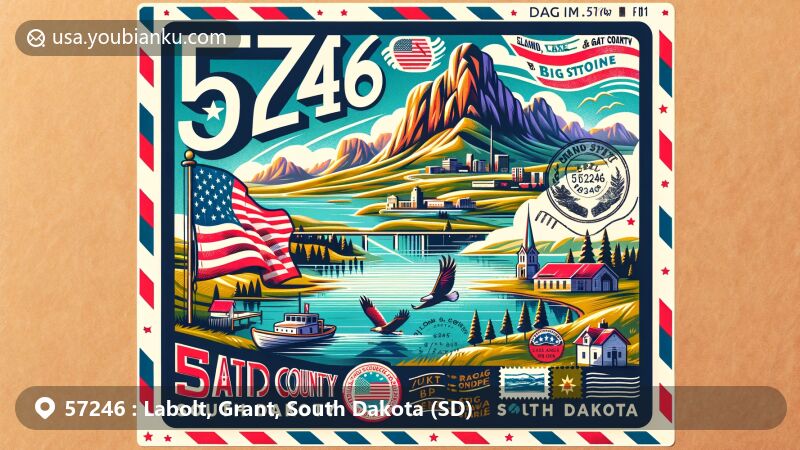 Modern illustration of Labolt, Grant County, South Dakota, inspired by postal theme with ZIP code 57246, featuring LaBolt Lake, Big Stone Lake, and scenic landscapes.