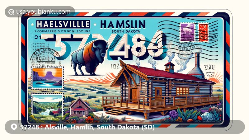Artistic depiction of Alsville, Hamlin County, South Dakota, showcasing Finnish sauna and Black Hills, with a buffalo as an iconic symbol, designed as a vintage postal card with ZIP Code 57248.