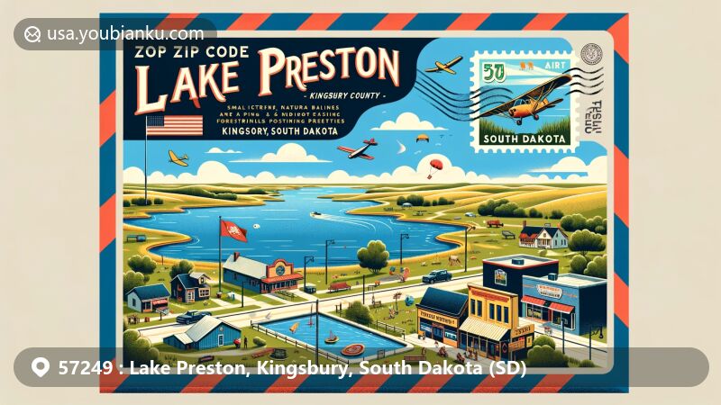 Modern illustration of Lake Preston, Kingsbury County, South Dakota, embodying ZIP code 57249 as an air mail envelope, featuring serene Lake Preston, rolling prairies, charming main street, outdoor activities, and community amenities.