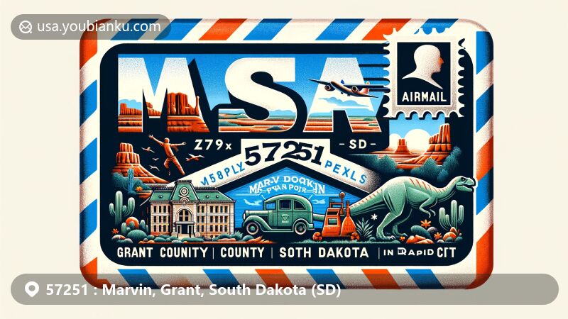 Modern illustration of Marvin, Grant County, South Dakota, showcasing airmail envelope with ZIP code 57251, featuring Marvin brand safe, Whetstone River, Badlands National Park, and Dinosaur Park sculptures.