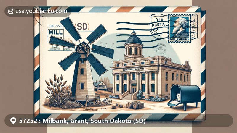 Vintage-style illustration of Milbank, Grant, South Dakota (SD), showcasing postal theme with ZIP code 57252. Features Milbank Grist Mill and Grant County Courthouse, along with classic postal elements like a stamp, postmark, and mailbox, integrating South Dakota state flag in the background.
