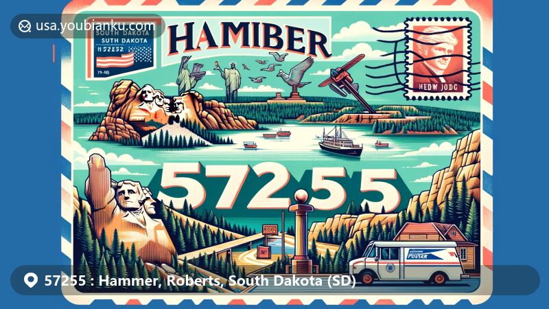 Modern illustration of Hammer, Roberts area in South Dakota, featuring iconic landmarks like Mount Rushmore and Crazy Horse Memorial against a backdrop of lakes and islands, with postal elements such as vintage stamps, postmarks, classic mailboxes, and old mail truck.