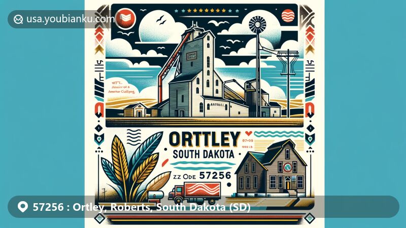 Modern illustration of Ortley, Roberts County, South Dakota, highlighting Ortley's Grain Elevator as a historic landmark and Native American cultural elements, with postal theme and ZIP code 57256.
