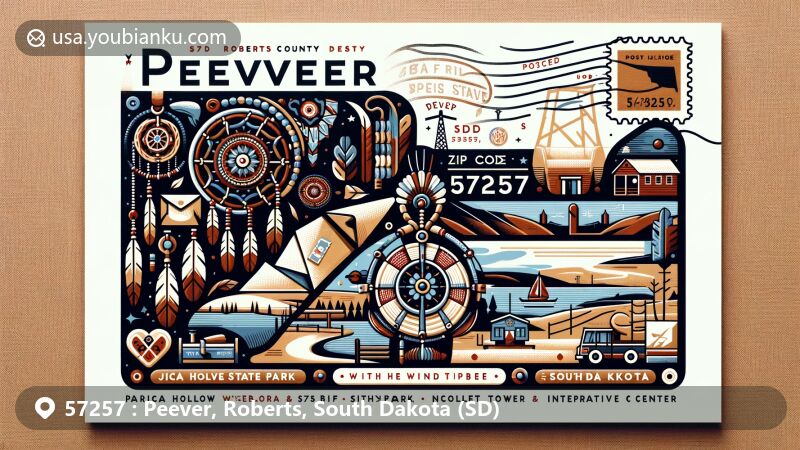 Modern illustration of Peever, Roberts, South Dakota, inspired by ZIP code 57257, blending Native American culture and natural landscapes, featuring Ojibwa and Sioux tribal elements, Sica Hollow State Park, With the Wind Vineyard & Winery, Nicollet Tower & Interpretive Center, and postal symbols.