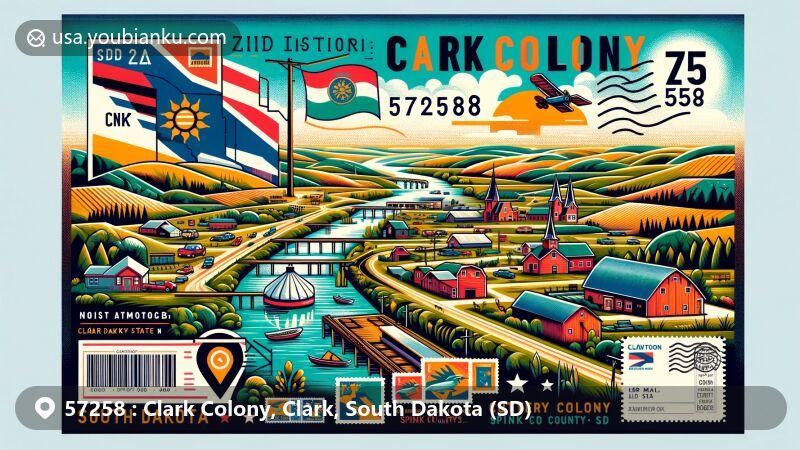 Modern illustration of Clark Colony, Clark County, South Dakota (SD), showcasing postal theme with ZIP code 57258, featuring state flag and Spink County outline.