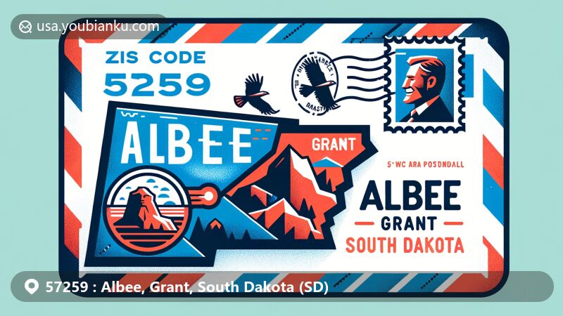 Modern illustration of Albee, Grant, South Dakota, showcasing postal theme with ZIP code 57259, featuring a postage stamp, postmark, and iconic South Dakota landmark.