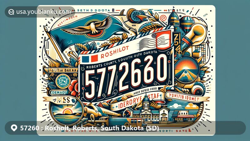 Modern illustration of Rosholt, Roberts County, South Dakota, showcasing a vintage airmail envelope with ZIP code 57260, featuring iconic state flag, local landmarks like 'With the Wind Vineyard & Winery', and intricate cultural details.