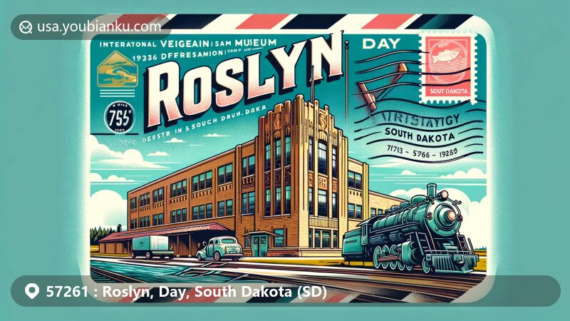 Modern illustration of Roslyn, Day, South Dakota, highlighting International Vinegar Museum, steam engine from Soo Line Railroad, and South Dakota state flag, with prominent ZIP code 57261 and scenic postal stamp of Pickerel Lake.