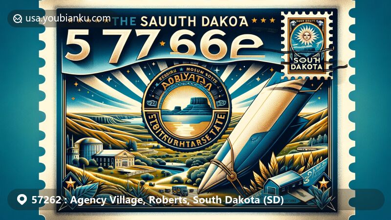 Modern illustration of Agency Village, Roberts County, South Dakota, featuring vintage airmail envelope with South Dakota state flag postage stamp.