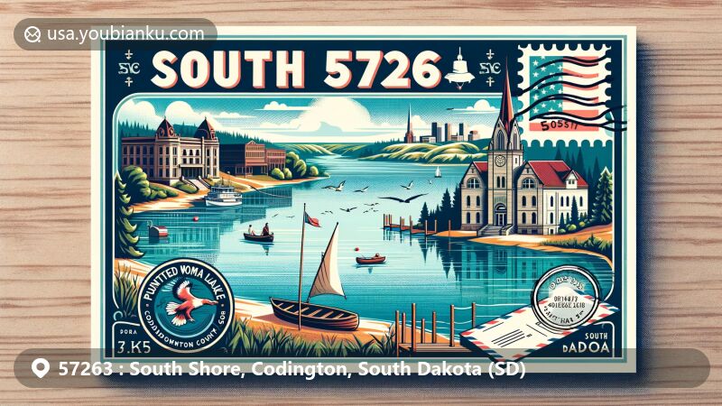 Modern illustration of South Shore, Codington, South Dakota, highlighting Punished Woman Lake and historic Watertown architecture, with postal theme featuring ZIP code 57263 and scenic Codington County landscapes.