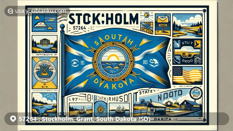Modern illustration of Stockholm, Grant County, South Dakota, featuring the state flag with blue field and state seal, surrounded by gold triangles, highlighting natural beauty and Swedish heritage, in a postcard design with ZIP code 57264.