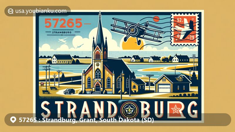 Modern illustration of Strandburg, Grant County, South Dakota, capturing the essence of the Swedish Lutheran Church with Gothic architecture, rural charm, and postal theme with ZIP code 57265.