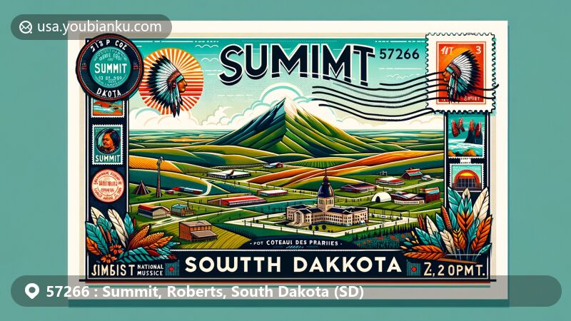 Modern illustration of Summit, Roberts County, South Dakota, representing ZIP code 57266, featuring Coteau Des Prairies Hills, Native American elements, Corn Palace, National Music Museum, and postcard design with stamps and postmark.