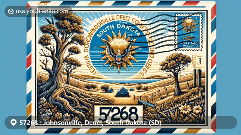 Modern illustration of Johnsonville, Deuel County, South Dakota, featuring airmail envelope with ZIP code 57268, ancient oak trees in Hidewood Valley, and South Dakota state flag.
