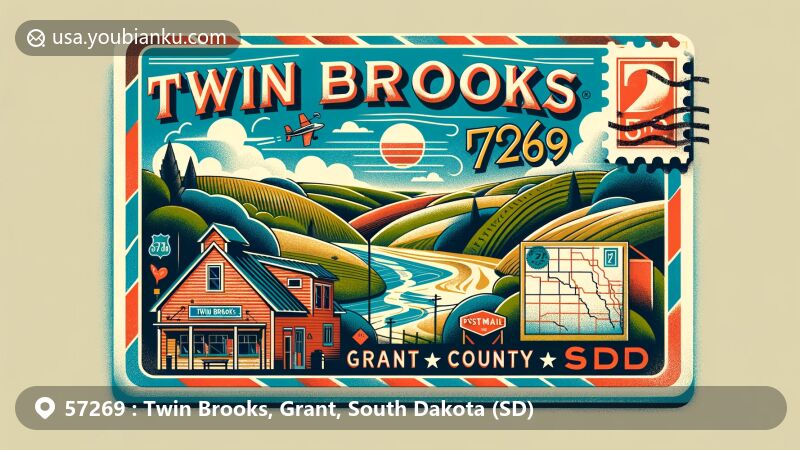 Vintage-style illustration of Twin Brooks, Grant County, South Dakota, showcasing postal theme with ZIP code 57269, featuring town's natural beauty and community spirit.