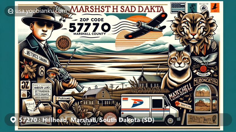 Modern illustration of Hillhead, Marshall County, South Dakota, featuring Coteau des Prairies hills, Abraham Lake, and symbols from 'Machine Gun' Kelly and 'Pretty Boy' Floyd gangster legends. Includes Native American cultural elements from Mitchell Prehistoric Indian Village and Bear Butte State Park, styled as a postcard with ZIP code 57270 and postal theme.