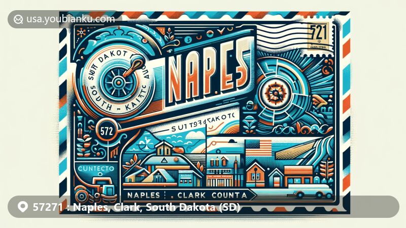 Vibrant depiction of Naples, Clark County, South Dakota, featuring postal stamp with ZIP code 57271 on a background resembling an airmail envelope, showcasing South Dakota map and town's cultural symbols.