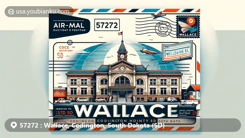 Modern illustration of Wallace, Codington County, South Dakota, showcasing postal theme with ZIP code 57272, featuring Codington County Heritage Museum and South Dakota state symbols.