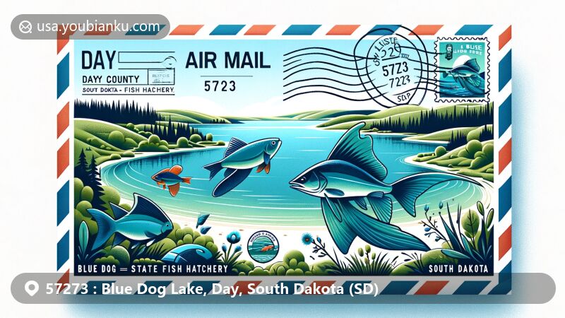 Modern illustration of Blue Dog Lake, Day County, South Dakota, depicting scenic beauty with clear blue lake water, peaceful surroundings, and artistic representation of various fish species symbolizing Blue Dog State Fish Hatchery.