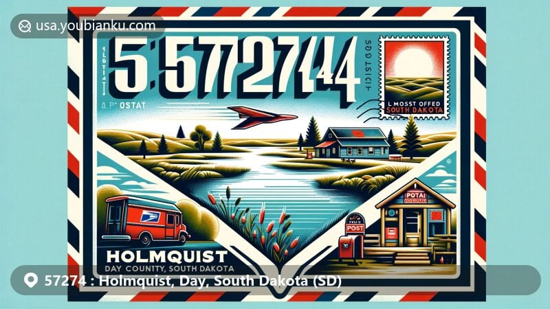 Modern illustration of Holmquist, Day County, South Dakota, resembling an air mail envelope with ZIP code 57274, featuring Holmquist Slough, a historic post office, a prairie scene stamp, and the South Dakota state flag.