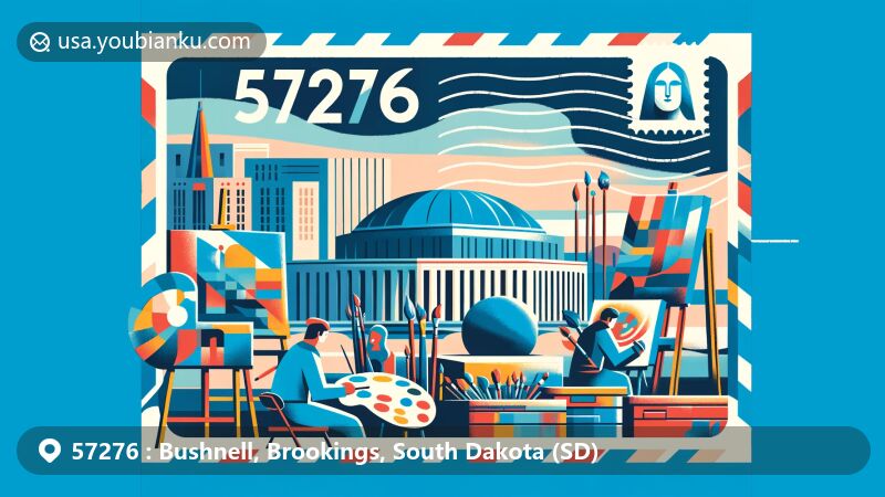 Modern illustration of Bushnell, South Dakota, highlighting artistic community with local painters and sculptors, featuring iconic building from Brookings, postal design with stamps, postmarks, and ZIP code 57276.