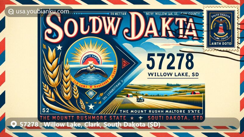 Artistic representation of Willow Lake, Clark County, South Dakota, featuring a colorful airmail envelope with the state flag, rural landscape, and ZIP code 57278.