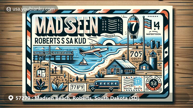 Modern illustration of Madsen Beach, Roberts, South Dakota, ZIP Code 57279, incorporating postal elements in a postcard style, highlighting natural features of Roberts County and symbolic landmarks from nearby cities.