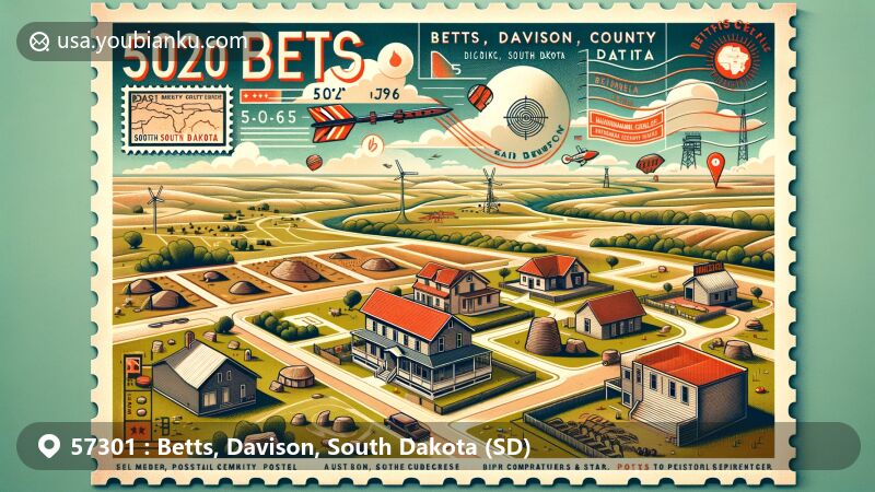 Modern illustration of Betts, Davison, South Dakota, showcasing Mitchell Site, William Koch House, and Historic Commercial District, highlighting prehistoric and architectural heritage with ZIP code 57301.