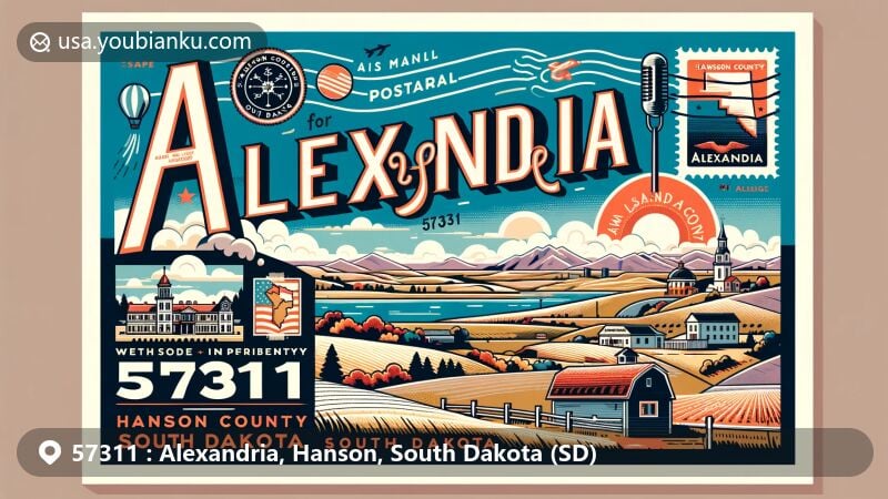 Modern illustration of Alexandria, Hanson, South Dakota, showcasing pastoral scenery and small-town allure, featuring typical South Dakota countryside with rolling plains and bright sky, subtle integration of Hanson County outline, and depiction of snowy winters and sunny summers.