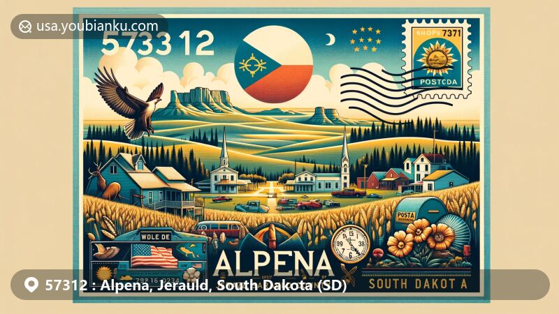 Modern illustration of Alpena, Jerauld, South Dakota, highlighting postal theme with ZIP code 57312, featuring iconic South Dakota landmarks like the Badlands and Mount Rushmore, as well as state symbols such as the ring-necked pheasant and the American pasque flower.