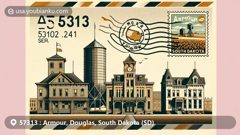 Modern illustration of Armour, Douglas County, South Dakota, depicting postal theme with ZIP code 57313, featuring historic buildings, water tower, and grain elevator, capturing town's agricultural legacy and nostalgic charm.