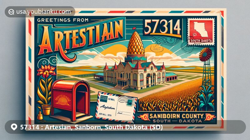 Modern illustration of Artesian, Sanborn County, South Dakota, capturing the essence of ZIP code 57314 with a postcard design resembling an airmail envelope, showcasing the iconic Corn Palace and South Dakota state flag.