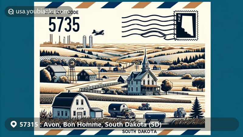Modern illustration of Avon, South Dakota, showcasing rural landscape with rolling hills, agricultural scenes, South Dakota state flag, and iconic buildings like the Martin Honner Chalkrock House, integrated with postal elements like stamp, postmark, ZIP Code, mailbox, and mail truck.