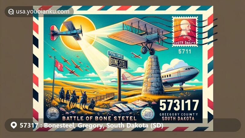 Modern illustration of Bonesteel, Gregory County, South Dakota, featuring postal theme with ZIP code 57317, showcasing Bonesteel Battle historical landmark and scenic beauty of South Dakota.