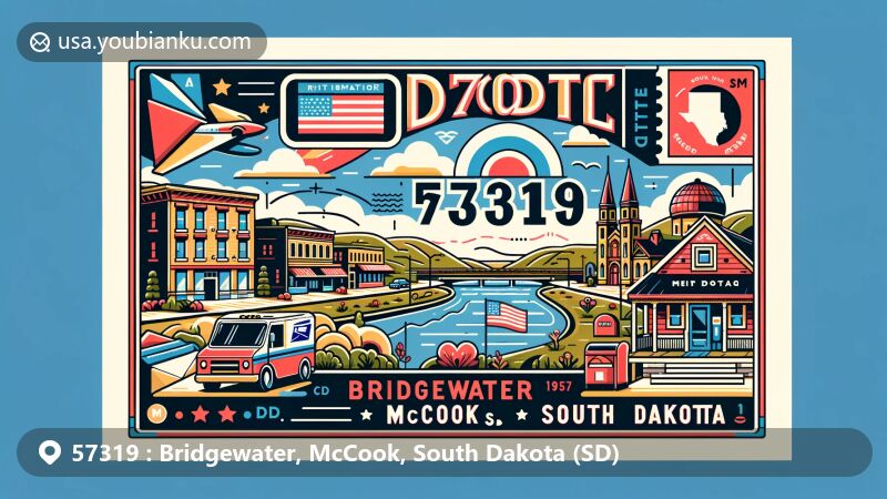 Modern illustration of Bridgewater, McCook County, South Dakota, capturing small-town charm with Main Street views, school buildings, and South Dakota state flag.