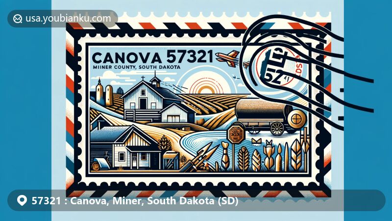 Modern illustration of Canova area in Miner County, South Dakota, featuring airmail envelope, postage stamp outline, rural landscape, schoolhouse, family farming scenes, Native American artifacts, ZIP Code 57321, and state abbreviation SD.