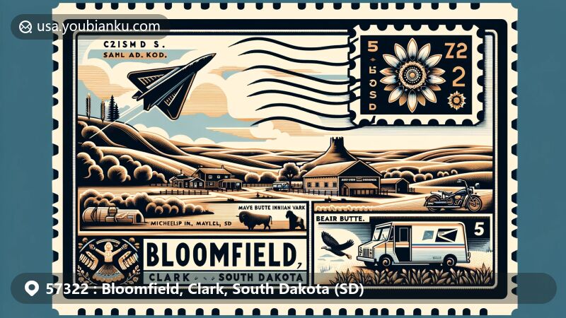 Modern illustration of Bloomfield, Clark, South Dakota (SD), featuring postal theme with ZIP code 57322, showcasing landscape near Maydell Township and elements of Native American culture from South Dakota.