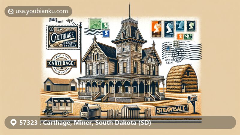Modern illustration of Carthage, South Dakota, blending postal elements with local landmarks like Coughlin House and Strawbale Museum.