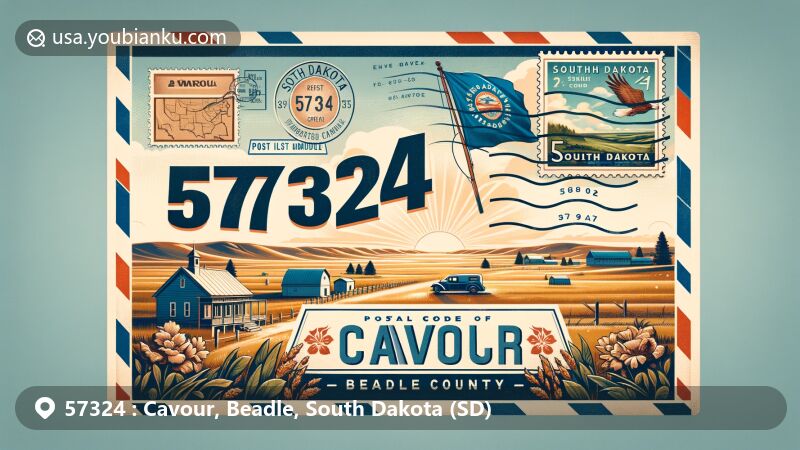 Modern illustration of Cavour, Beadle, South Dakota, showcasing postal theme with ZIP code 57324, featuring South Dakota state flag and scenic rural landscape.