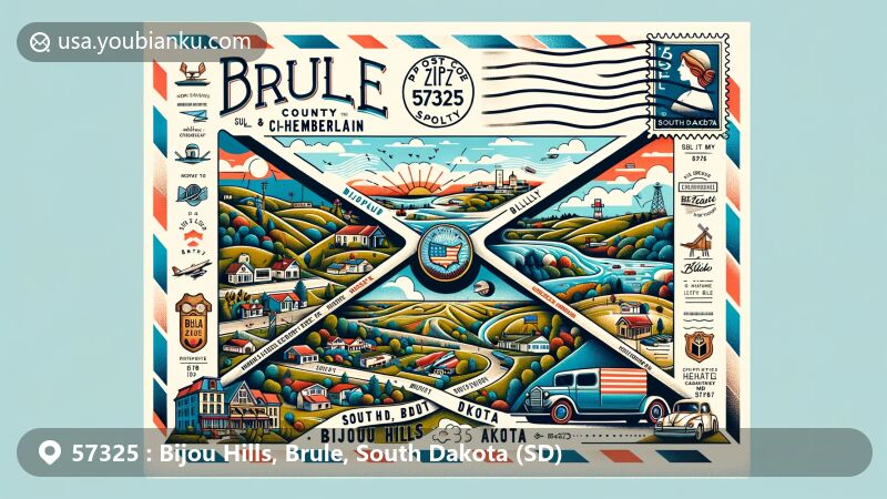 Modern illustration of ZIP Code 57325, Brule County, South Dakota, showcasing Bijou Hills and Chamberlain areas in a creative style, featuring iconic landmarks and a postal theme with state symbols.