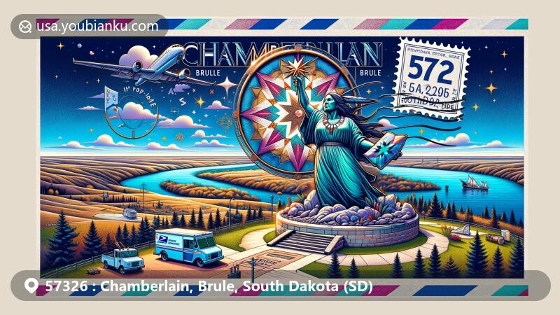 Modern illustration of Chamberlain, Brule, South Dakota, featuring Dignity statue overlooking Missouri River, airmail envelope design with ZIP code 57326, and traditional postal symbols.