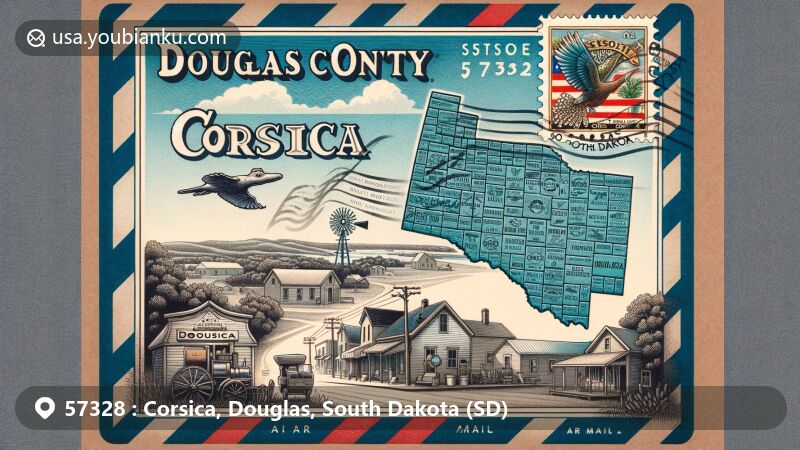 Modern illustration of Corsica, Douglas County, South Dakota, inspired by vintage air mail envelope design, showcasing town street scene with local shops and nature, featuring South Dakota state flag and iconic symbols.