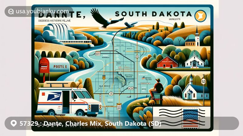 Modern illustration of Dante, South Dakota, with postal theme and ZIP code 57329, featuring postcard design with postmark, mailbox, and postal van, showcasing Lake Andes National Wildlife Refuge and Geddes Historic Village landmarks.