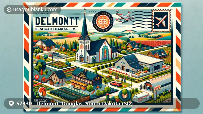 Illustration of Delmont, South Dakota, featuring modern German Lutheran Church, traditional agricultural landscapes, and elements from the annual Kuchen Festival, highlighted with postal elements including stamp, postmark '57330', and air mail envelope border.
