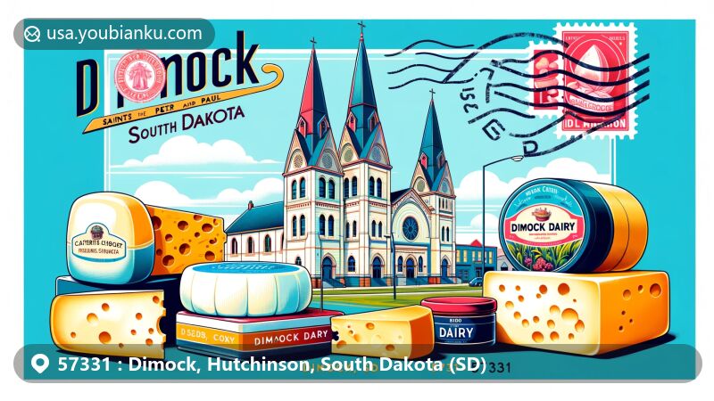 Modern illustration of Saints Peter and Paul Catholic Church in Dimock, South Dakota, with Dimock Dairy cheeses in the foreground, postal theme with ZIP code 57331 stamp, and postmark. Bright, clean design suitable for webpage.