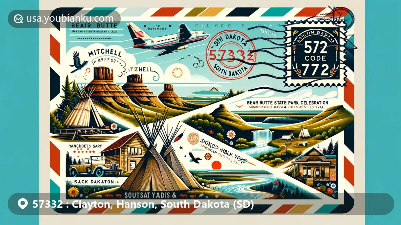 Modern illustration of Clayton and Hanson, South Dakota, representing ZIP code 57332, showcasing Mitchell Prehistoric Indian Village and local cultural festivals like 'Days of '76 Celebration' and 'Yankton Riverboat Days & Summer Arts Festival'. Background features Bear Butte State Park, Sica Hollow State Park, and Black Elk Peak.