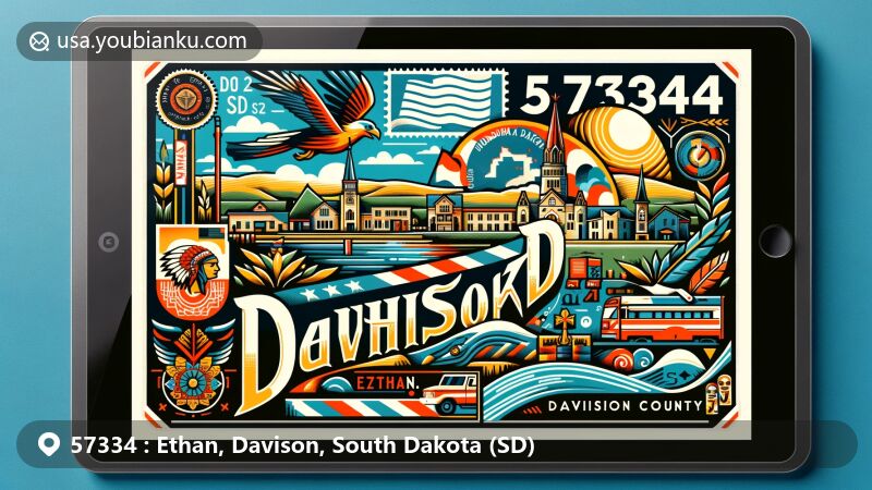 Modern illustration of Ethan, Davison County, South Dakota, featuring ZIP code 57334 in postcard style with small-town charm, local landmarks, South Dakota symbols, and Native American cultural elements.